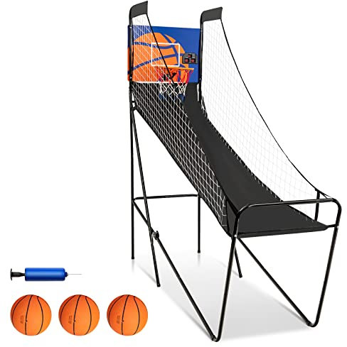 GOPLUS Juego de Canastas de Baloncesto Portátil, Juego de Baloncesto Plegable para Niños con Marcador Electrónico, Bomba, 3 Pelotas de Baloncesto y Campana, Máquina de Baloncesto para Fiestas