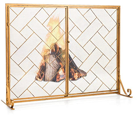 COSTWAY Fire Guard with Double Magnetic Doors, 113x40x85cm Wrought Iron Mesh Fireplace Screen, 2-Panel Spark Flame Barrier Safety Fence for Open Fire, Log Burner (Gold)