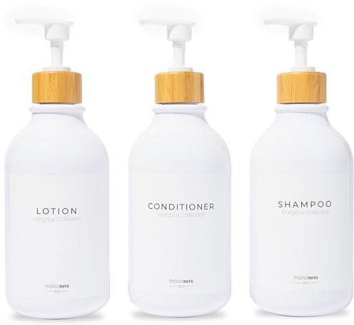 MaisoNovo Shampoo Flaschen zum befüllen - Duschgel Spender - 500 ml Set mit 3 weißen Plastikflaschen, weiße Bambuspumpen