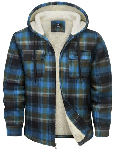 SwissWell Hombres Camisa Chaqueta Cuadros de Franela a Cuadros Gruesos Forro Felpa Casual Forrado Hombres Sudadera Capucha Chaqueta Invierno con Bolsillos(Azul Marino-M)