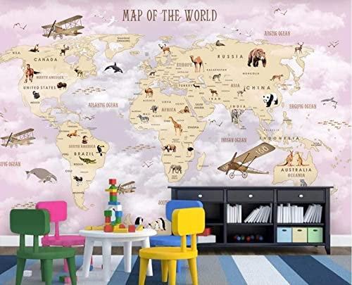 3D Wallpaper Cartoon Pink World Animal Map Photo Murals Living Room Tv Sofa Theme Hotel Luxury Background Wall Painting Home Decor Peel and Stick Wall Art Self-Adhesive Wall Pos 400 (W) x 280 (H) cm