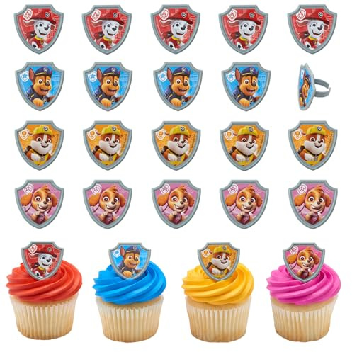 DecoPac Paw Patrol Reporting For Duty Rings, Cupcake Decorations Featuring Chase, Marshall, Skye, And Rubble - 24 Pack