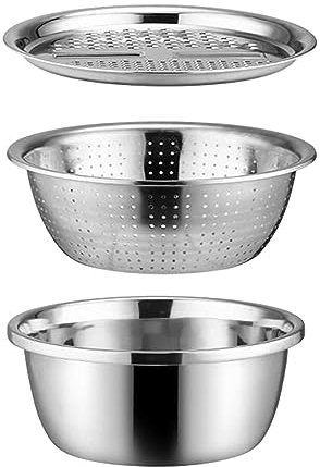 kowaku 3 Pezzi Affetta Verdure Ciotola Ciotola Utensile da Cucina Bacinella in Acciaio Inossidabile con Grattugia Tagliaverdure per Aglio Cetrioli Frutta, 26 CM