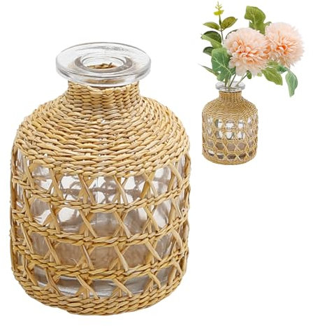 Blumenvasen mit Rattan-Abdeckung, Stroh, gewebte Glasvase, Boho-Glasvase für Arrangement, Tischdekoration, 11,2 x 4,5 x 8,9 cm, B-Stil
