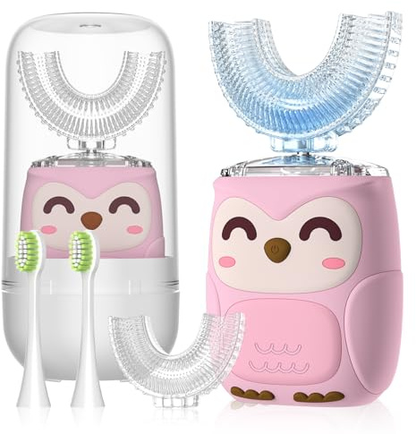 PVOGRT Kids Electric U Shaped Toothbrush Kids Sonic Toothbrush with 4 Soft Brush Head Automatic Full Mouth 6 Cleaning Mode-(Age2-7 Pink)