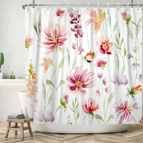 ASDCXZ Blumen Duschvorhang 180x200 cm, Frühling Aquarell Rose Lila Bunt Blumen Grün Blätter Weiß Bad Waschbar Duschvorhänge Polyester Textil Wasserdicht Badevorhang für Badewanne mit 12 Haken