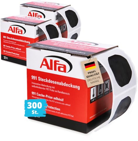 300x Alfa Steckdosenabdeckung selbstklebend – mit PET-Folie im Randbereich | Profi-Qualität -zum Abkleben von Steckdosen & Lichtschaltern, dehnbares Mittelteil, für wasserlösliche Lacke und Farben