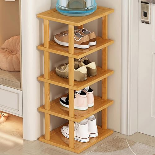 5 Tiers Bamboo Vertical Shoe Rack, Adjustable prefabricated Storage Shelf Shoe Storage Stand, Free Standing Shelf Tower for Entryway,No-Tool Assembly Hallway Shoe Rack Yellow (5 Tiers)