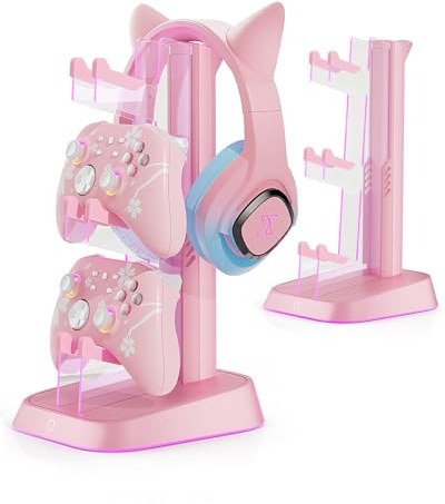 Mytrix RGB Headset Controller Ständer (Rosa) - Headset Stand with 2 USB Charging Ports and Type-C - Perfect Desktop Accessory and Gift for Gamers