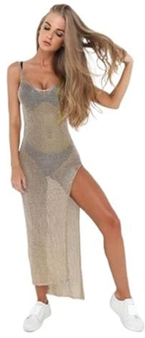 Strandöverdrag Dam Sexig Mesh Strand Klänning Lång Transparent Glitter Mesh Täckning Klänning Guld Kvinnlig Bikini Sarong Baddräkt Baddräkt Trac Klänning