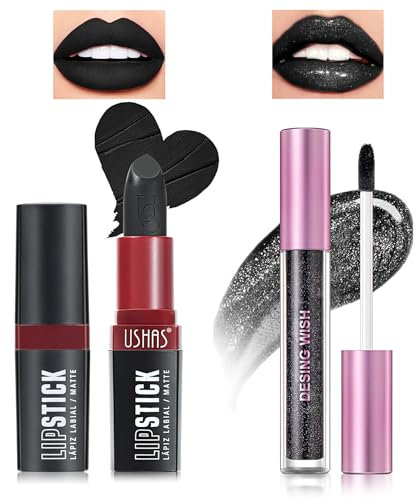 Desing Wish 2Stück Schwarzer Lippenstift Glitzer Lip Gloss Set Lipgloss 24 Stunden Halt Matte Black Lipstick Long Lasting Schwarz Lippenstift Lip Balm Make up Damen Frauen Lipgloss Halloween Geschenk