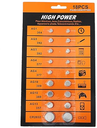 Knopfzellen-Batterien, AG1, 364, AG3, 392, AG4, 377, AG10, 389, AG13, 357, CR2032, geeignet für Uhren, 18 Stück