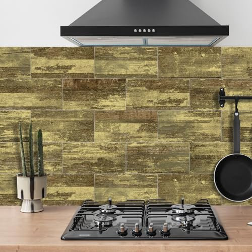 Credence Adhesive Pour Cuisine -Grain De Bois Jaune Salle De Bains Et Cuisine Stickers Carrelage, PVC Imperméable Credence Adhesive Décorative à Carreaux,Stickers Auto-Adhésif 48 Pièces(10x20cm)