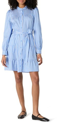 Amazon Essentials Vestido Camisero Escalonado de satén de algodón de Ajuste Regular para Mujer, Rayas Azules y Blancas, Talla XL