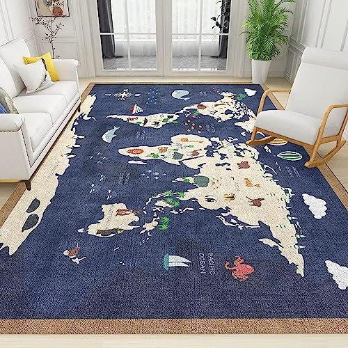 Ocean Weltkarte Kinderteppich mit Cartoon-Giraffen-Design, Niederflor-Teppich für Terrasse, Garten, Küche, Badezimmer, 160 x 200 cm