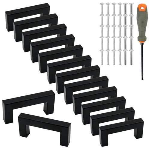 LPAMABA 15 Maniglie per Mobili Nero Maniglie per Armadio in Acciaio – Set Completo con 30 Viti e 1 Cacciavite Magnetico – Interasse 64mm Tiretti per Mobili Nero per Cucina, Armadi, Cassetti