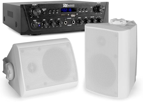 Power Dynamics - 2-Zonen Lautsprecher Boxen Set mit Bluetooth Verstärker – 2X 50W Verstärker & 2 Outdoor Lautsprecher – Innen & Außen – MP3, FM-Radio & USB – Inkl. Fernbedienung & 20m Kabel