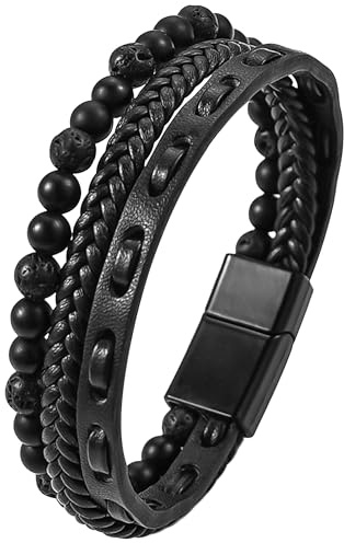 Mochity Bracelet Cuir Homme, 21cm Bracelet Tressé Et Perle, Bracelets Oeil De Tigre Pour Homme, Bijoux Cadeau Pour Hommes Papa, Avec Boîte (H)