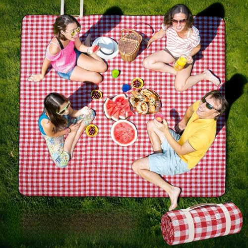 Zettfuly Picknickdecke Outdoor Extra Groß - 203 x 203 cm, tragbare wasserdichte Picknickdecke, maschinenwaschbare, 3-lagige Faltbare Picknickmatte mit sandabweisender Rückseite (Rot)
