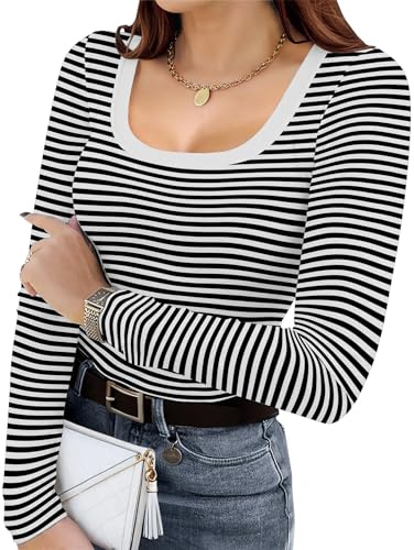 DUOEASE Tee Shirt Manche Longue Femme Basiques Cotele Col en U T Shirt Elastique Haut Femme Chic et Elegant（Noir Blanc Rayé L）