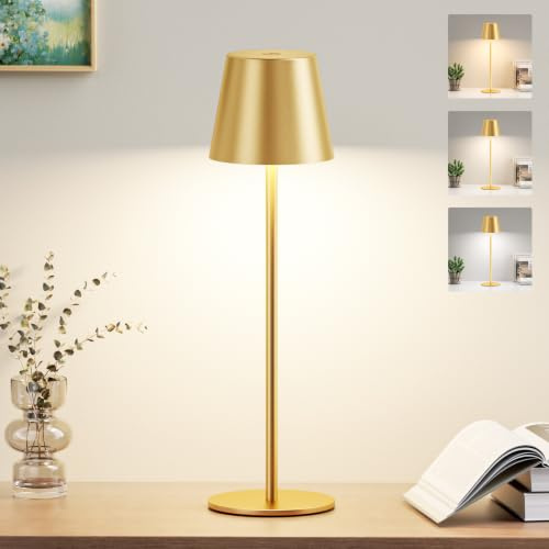 PreeOtti Tischlampe Kabellos, Akku LED Tischleuchte Touch mit 3 Farbtemperatur, Stufenlos Dimmbar, Touch Lampe mit USB-C Aufladbar für Outdoor Nachttisch Esstisch Camping(Gold)