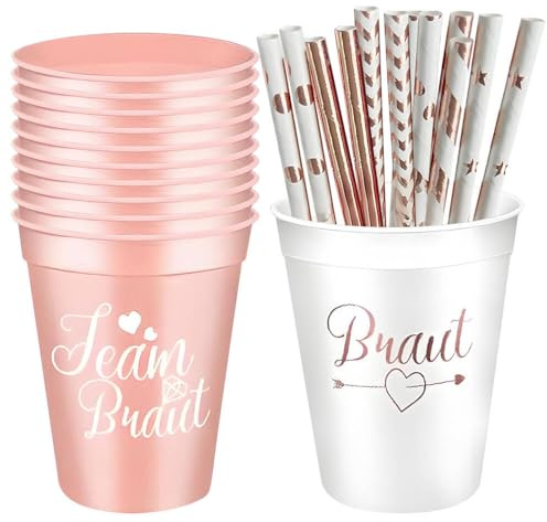12 Stück Team Braut Becher, JGA Becher mit 12 Strohhalme, Wiederverwendbar Team Braut Bachelorette Party Cup Braut Team Tassen Set für Bridal Shower Verlobungsfeier Junggesellenabschied