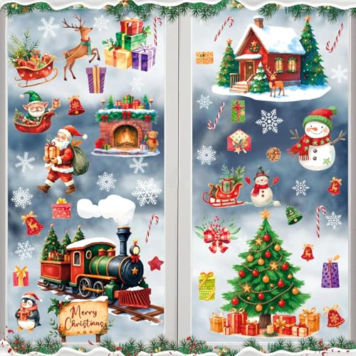 KAIRNE Weihnachten Fensterbilder Häuser Weihnachtsbaum Schneemann Pinguine Fenster Aufkleber für Winter Weihnachts Kinder Weihnachts Schneeflocken Fensterdeko für Party Wohnzimmer