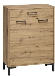 FURNLUX Nevio Shoe Cabinet, Oak & Black, Beige, Laminated Chipboard/MDF/HDF/ABS, 70 x 34 x 94 cm, 4 Shelves, 2 Doors with Drawer