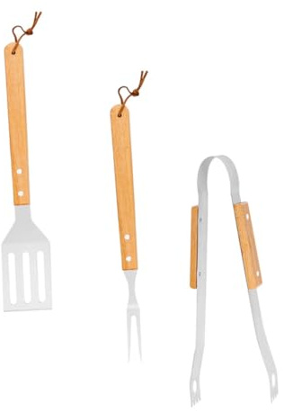 SHINEOFI Ustensiles Barbecue Acier INOX et Bois avec Poignée Chêne Naturel Set Résistant Chaleur pour Jardin et Cuisine