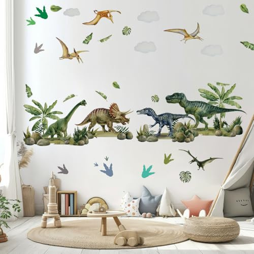 Unvtap Wandtattoo Dinosaurier 120x70 cm mit 4 Dino Fußabdruck Aufklebern, Selbstklebende Wandsticker Kinderzimmer Jungen, Dino Wanddeko DIY Wandaufkleber