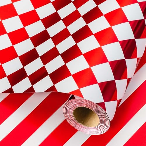 Wikadlik Rotes Weiß Gekarntes Geschenkpapier-Rolle - 43 cm x 10 m Karo- und Streifen-Metallisches Design Geschenkpapier für Weihnachten, Geburtstag, Valentinstag, Muttertag, Hochzeit