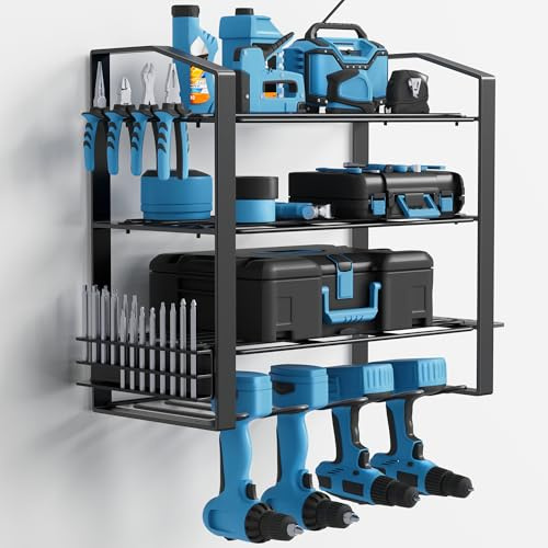 COWISH Power Tool Organizer, 4 Drill Holder Wall Mounted, Garage Rack for Tool Organizer and Storage Rack with Screwdriver Holder, 4 Layer Cordless Drill Rack