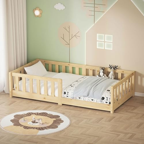 ML-Design Barnsäng 80x160 cm Natur, Golvsäng för Småbarn med Starkt Lattenrost och Rausfallskydd, Junior Säng i Hållbart Massivt Furu Trä, Enkel Bekväm Säng för Pojkar och Flickor med Robust Sängram