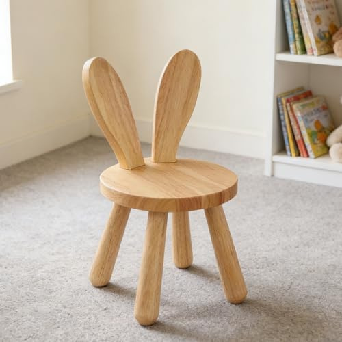 CAIEJSAEN Kinderstuhl Holz Massiv Holzhocker kinderzimmer Kinder Stuhl Individuelle Hasenohren mit Hasenohren Form Rückenlehne und rutschfeste Gummifüße Massivholz Ständerhocker