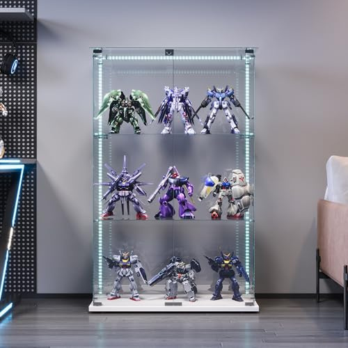 AZJSAHAH Glasvitrine mit Beleuchtung,Vitrine Stehend Sammlervitrine Vitrine Glas mit 2 Glastüren & 3 Glasböden Vitrinenschrank Für Wohnzimmer Schlafzimmer Büro (Weiß, 2 Tür 3 Lagen – LED Lichtleiste)