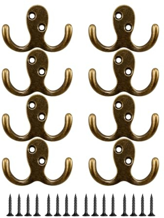 TUBAWD 8Pcs Brass Hooks, Antique Brass Coat Hooks, Set of Eight Large Wall Hooks for Home Organisation, Heavy-Duty Brass Hooks with Vintage Design, 45mm by 68mm Size for Sturdy Mounting
