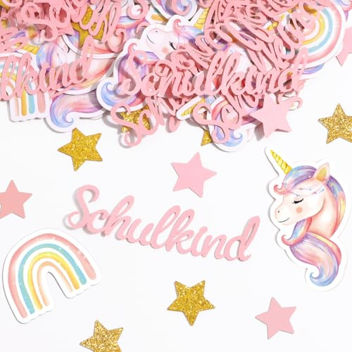 Einhorn Einschulung Konfetti 150 Stück, Schulkind Tischdeko mit Regenbogen, Sternen Motiven, 5 Designs Papier Schulanfang Streudeko für 1. Klasse Einschulungsparty, Schulstart Confetti