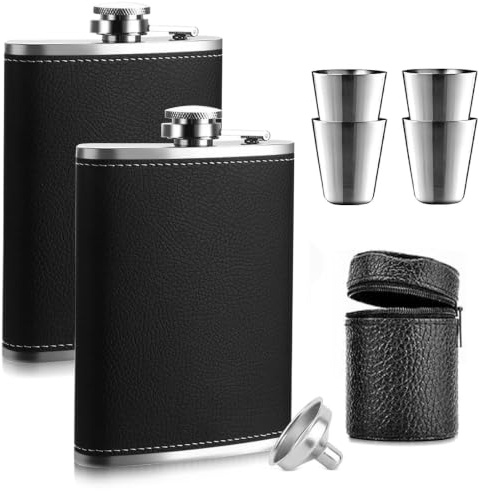 Flachmann Edelstahl 8Oz mit Trichter und 4 kleine Tassen(2pcs Schwarz) | Edelstahl Flachmann, Geeignet zum Tragen von Alkohol, Taschen-Flachmann für Wandern und Party