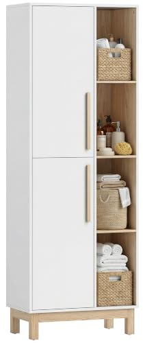 HOMCOM Meuble de Salle de Bain 62,5 x 35 x 176 cm Blanc et Bois Naturel | Meuble de Rangement, Colonne Salle de Bain, 2 Portes, 4 Compartiments Ouverts, Étagères Réglables, pour Salon, Chambre