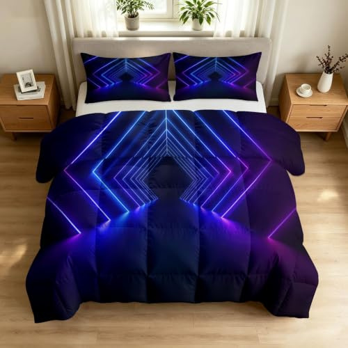 Modern Sci Fi design täcke 240 x 260 cm romb neonlinjer mönster, 4 säsonger täcken, täcke utan överdrag, användbart, hudvänligt och mjukt året runt täcke med 2 örngott