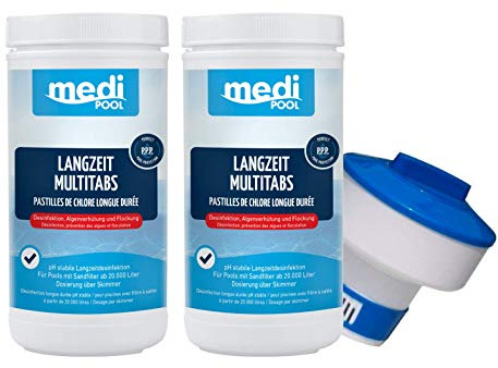 Medipool 507601MP Langzeit MultiTabs 200g, 2 x 1KG, Chlor Multifunktionstabletten und Dosierschwimmer für 200gr. Tabletten