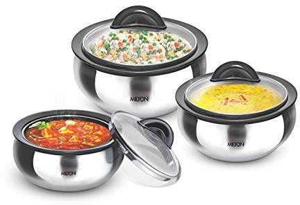 Milton Casserole with Glass Lid Set of 3 for Hot Food, Insulated Hot Pot, Stainless Steel, Serving Box (bowl, dish) for Food and Roti, Sizes 19 oz, 41 oz and 66 oz, Clarion
