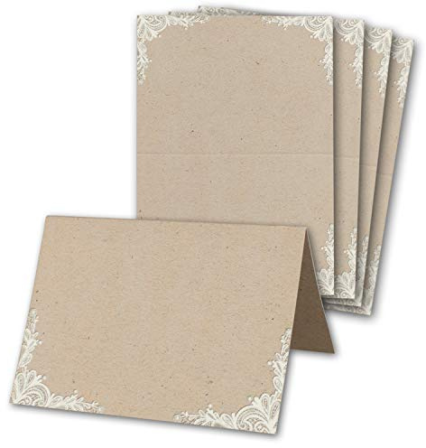 Glüxx-Agent 100 Tischkarten Hochzeit - Kraftpapier-Optik mit Spitze - Platzkarten DIN A7 7,4 x 10,5 cm blanko bedruckbar zum Beschriften – Namenskarten, Tischreservierung für Konfirmation Taufe
