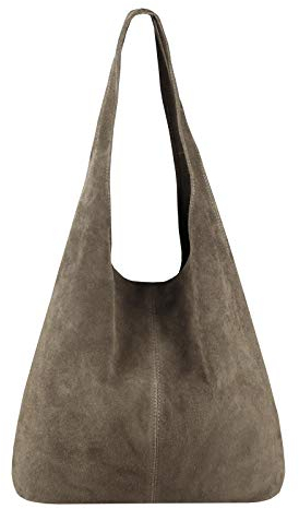 OBC Made IN Italy Damen Leder Tasche Handtasche Wildleder Shopper Schultertasche Hobo-Bag Henkeltasche Beuteltasche Velourleder (Taupe (Wildleder))