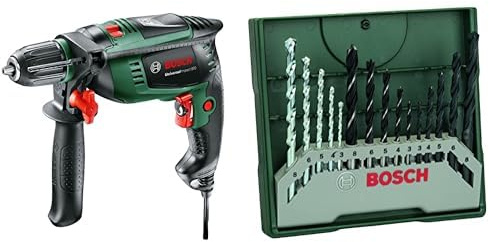 Bosch Universal Impact 800 - Taladro percutor, 800 W, empuñadura adicional, tope de profundidad, maletín (ref. 0603131100) & Mini X-Line - Set de 15 brocas mixto: mini x-line (ref. 2607019675)