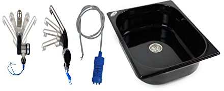 Edelstahl Spülbecken Dunkel Camping Spüle Waschbecken + Ablauf 325x265x100 mm + 12V Automatikwasserhahn Barwig Chrom/Schwarz + 12V Tauchpumpe 10L/min. (ad-ideen)