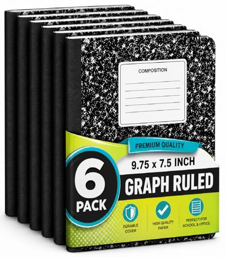 1InTheOffice Graph Paper Composition Notebook, Graph Liniertes Notizbuch, Quad-liniert, Kompositions-Notizbuch, 24,8 x 19,1 cm, Schwarz, 6 Stück
