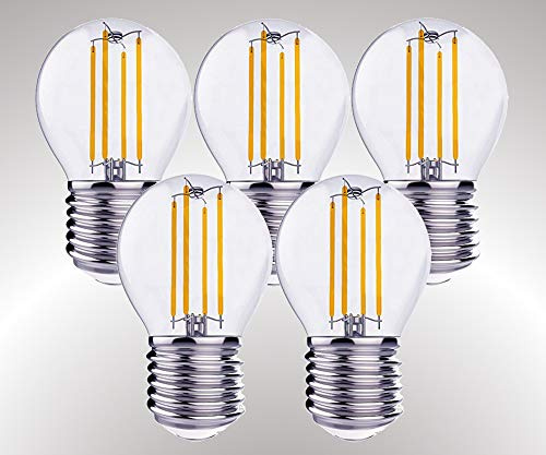 TRANGO 5er Pack E27002-5 LED Filament Birne 5 Watt 450 Lumen I 3000K warmweiß leuchtend I Ersatz für 60W Glühlampe I Glühbirne I Lampe I LED Birne in Tropfen Form mit E27 Fassung I Abstrahlwinkel 360°