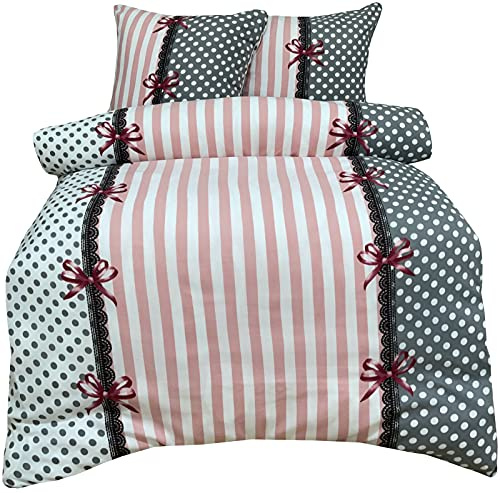 Leonado Vicenti 200x200 cm Warme Winter Bettwäsche Gestreift Rosa Grau Fleece gestreift modern Schlafzimmer Garnitur Set Bezug Decke