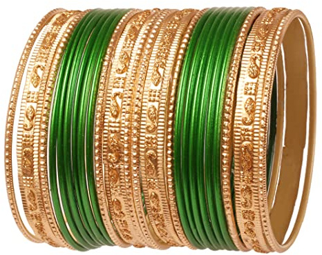 Touchstone Indische Bollywood „Colorful 2 Dozen Bangle Collection“ Golden Glitters texturierte grüne Farbe Designer-Schmuck spezielle Armreifen Armbänder Set von 24 in Gold-Ton für Frauen.